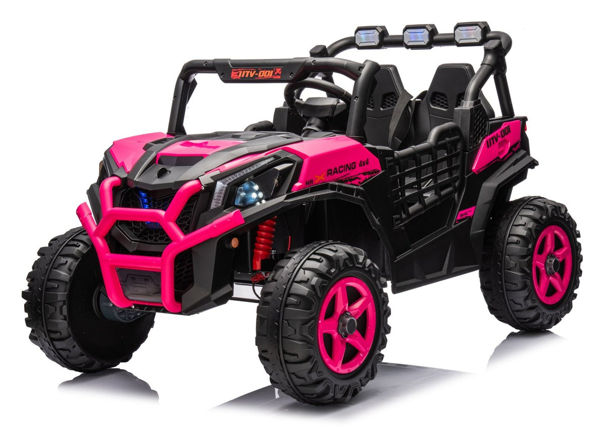 The pink two-seat UTV, front three-quarter view