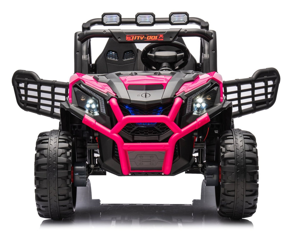 Front view of the pink UTV with both side doors open