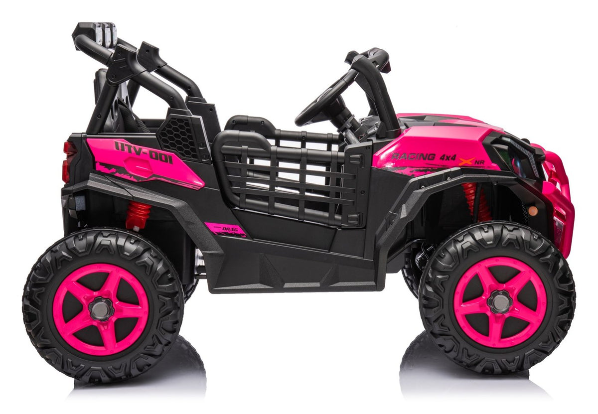 Side view of the pink two-seat UTV