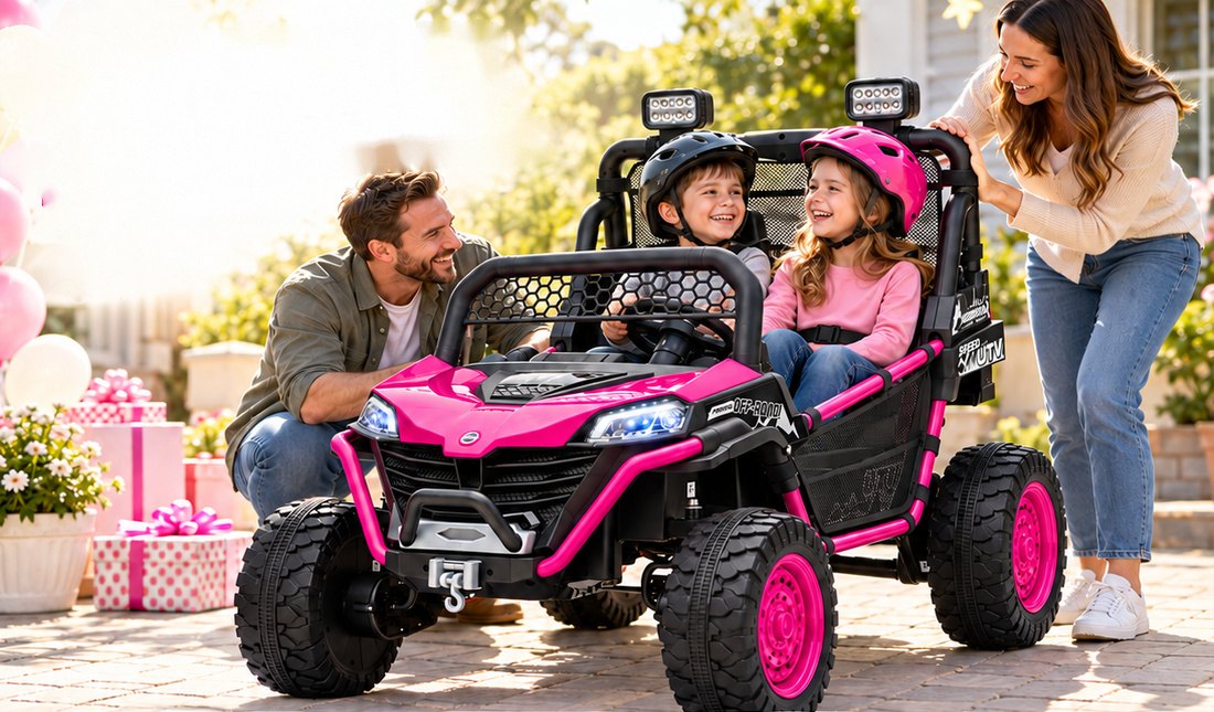 Two kids in helmets laugh in the rose UTV as their parents surprise them at a birthday party