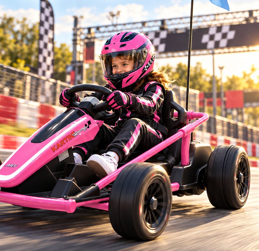 A girl in a pink helmet and race suit drives the rose go-kart off the start line under a checkered gantry