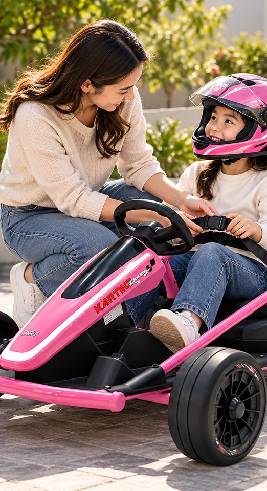 A mother fastens the lap belt for her daughter, who wears a pink helmet, in the rose go-kart