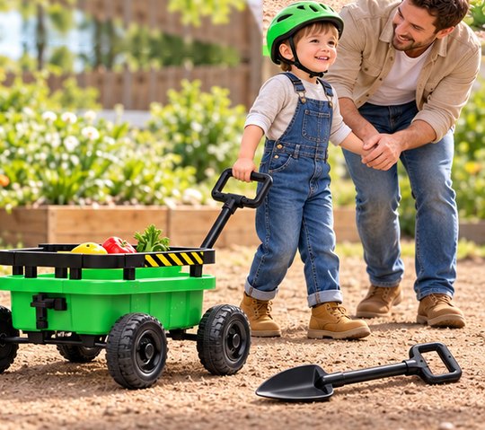 A child in a helmet pulls the detached trailer by its handle as a parent helps, with the toy shovel on the ground