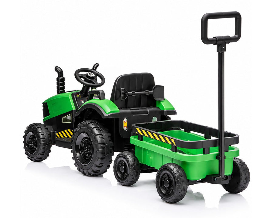 The tractor with its empty trailer bed and tall handle, seen from behind