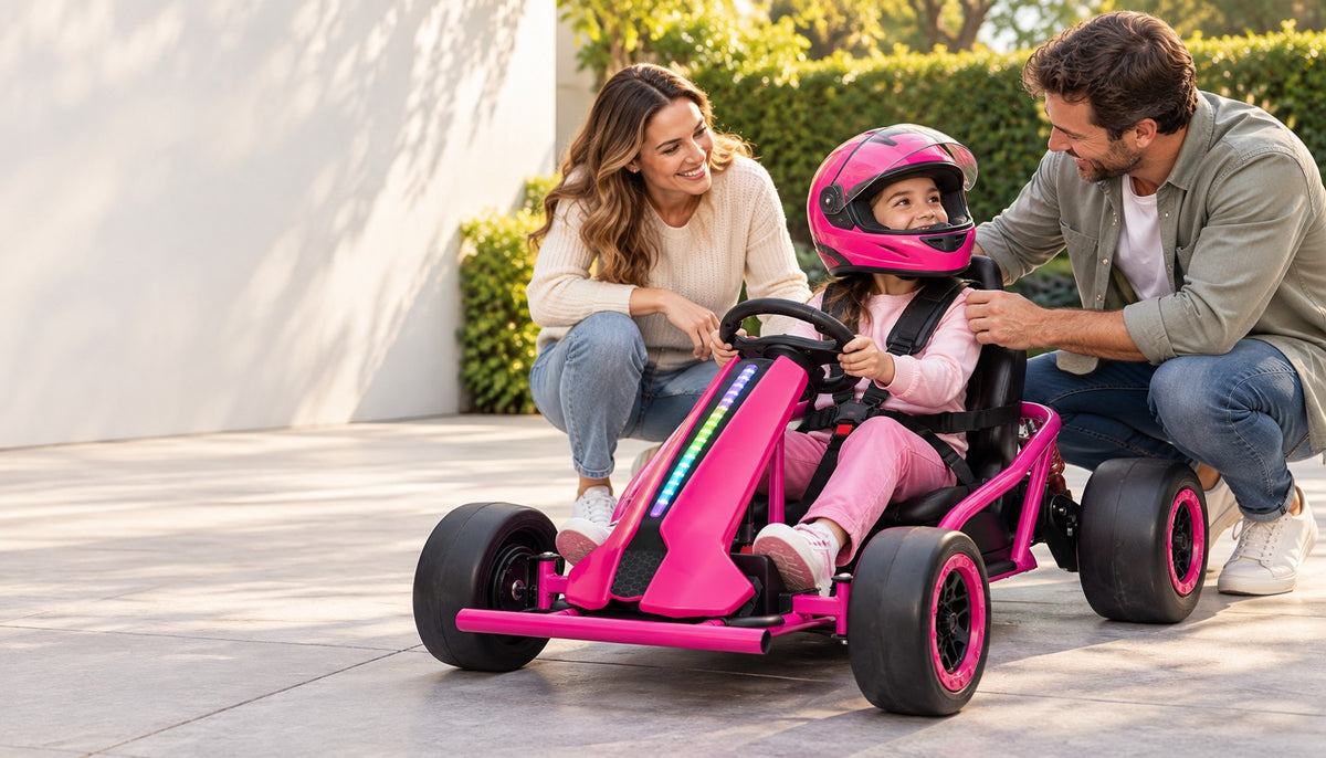 Birthday scene with a helmeted child on the pink kart and parents beside them