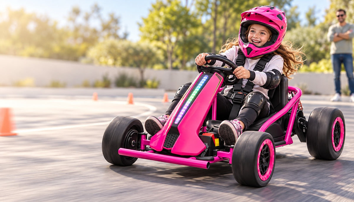 Helmeted child smiles while making a playful drift turn in the pink JC020 kart with a parent supervising in the background