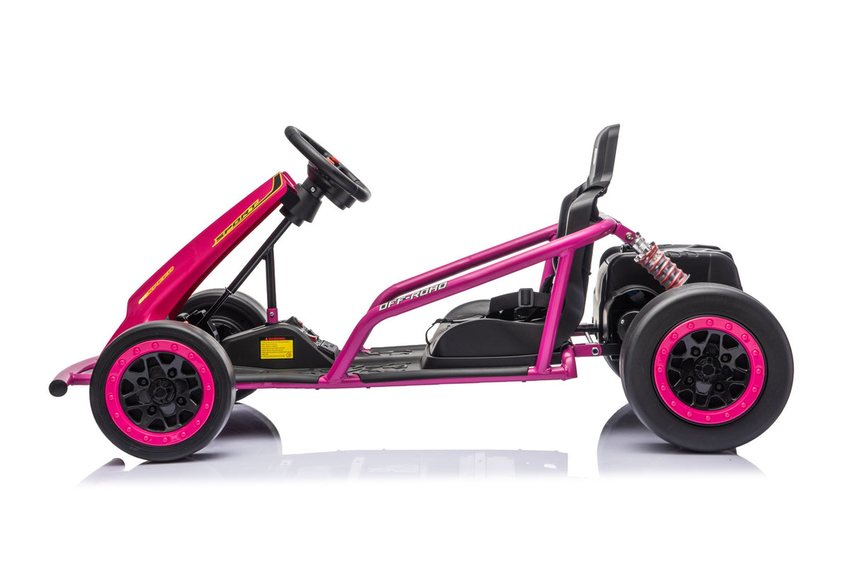Side view showing the pink kart's frame and wheels