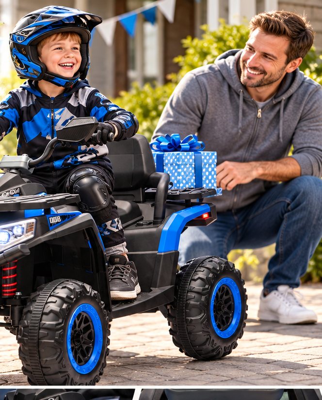 A smiling child in a helmet sits on the blue ATV while a parent crouches beside them with a wrapped gift