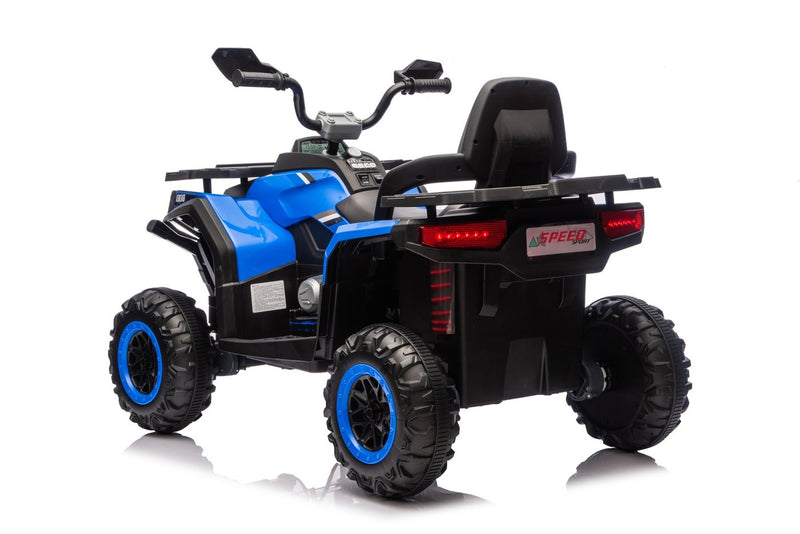 Rear view of the blue ATV showing the rear rack and tail lights