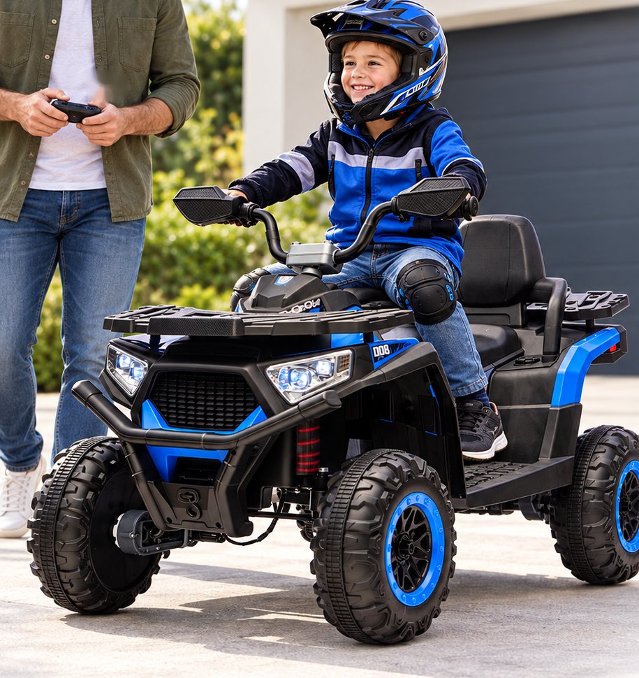 A parent holds the 2.4G remote beside a smiling child in a helmet and knee pads riding the blue ATV