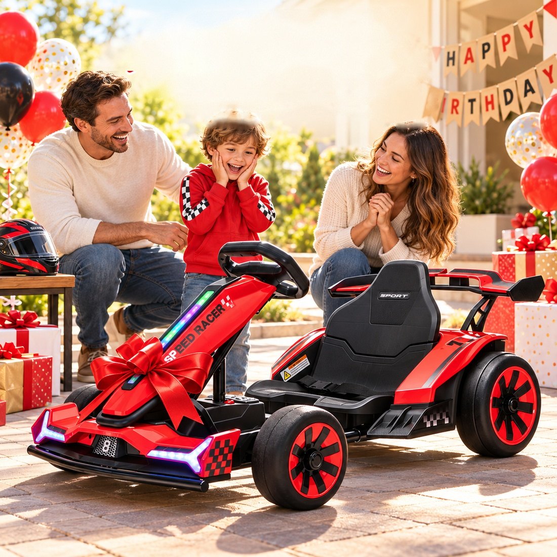 A boy cheers as his parents surprise him with the red go-kart wrapped in a big red bow at a birthday party
