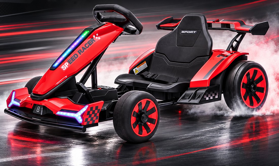 The red go-kart on a wet dark track with tire smoke behind the rear wheels