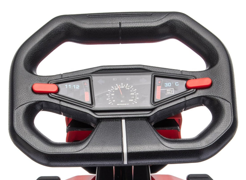 The racing steering wheel with a dash-style display in the center