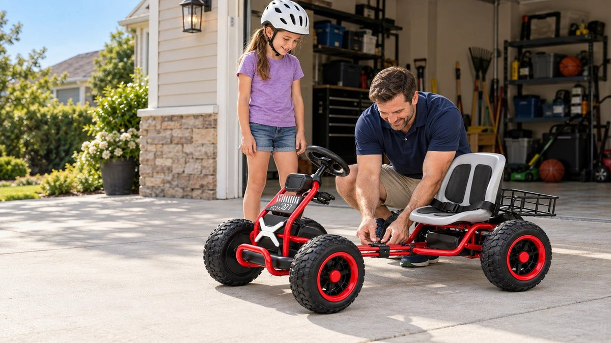 A dad kneels in the driveway to adjust the kart frame while his daughter watches