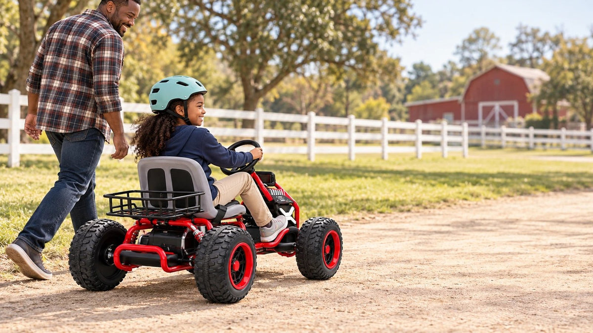 A girl in a mint helmet drives the red kart down a dirt farm lane as her dad walks alongside