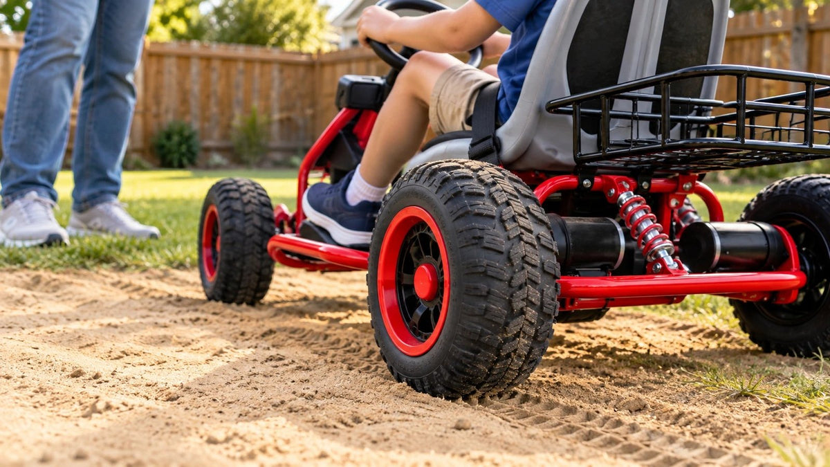 Close-up of the kart's knobby EVA tire and rear spring shock rolling over grass and sand
