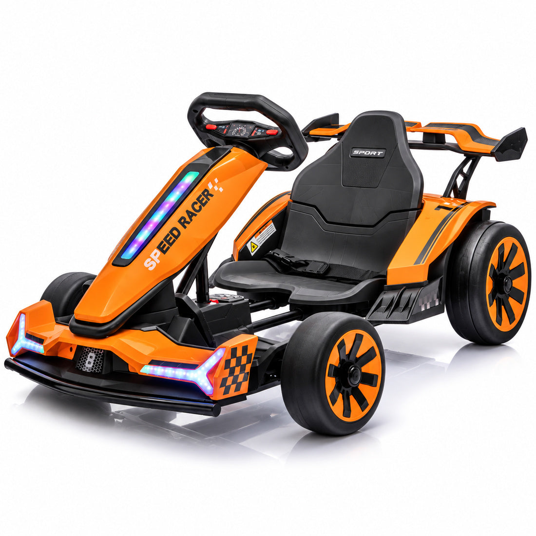TR2601 drift go-kart in Orange – front three-quarter view