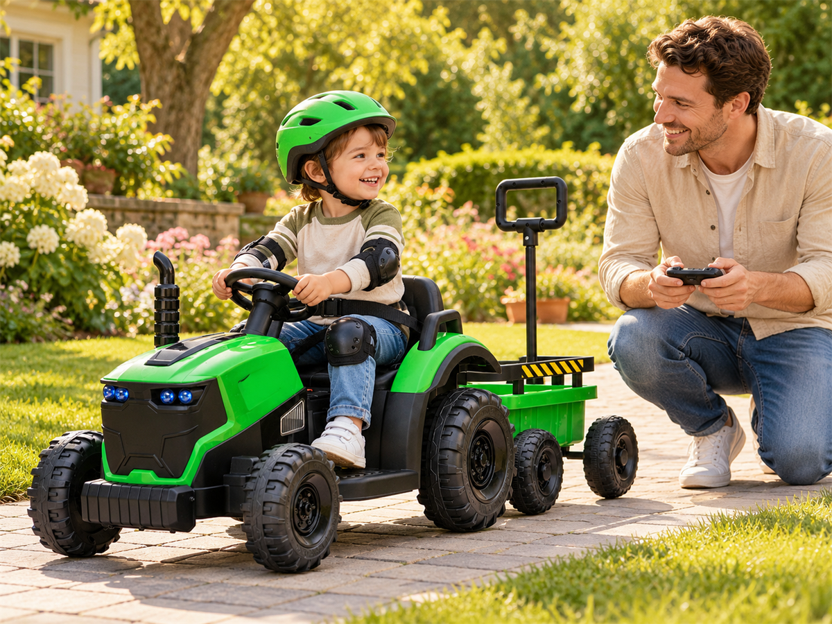 Dad crouching beside his son on a green tractor