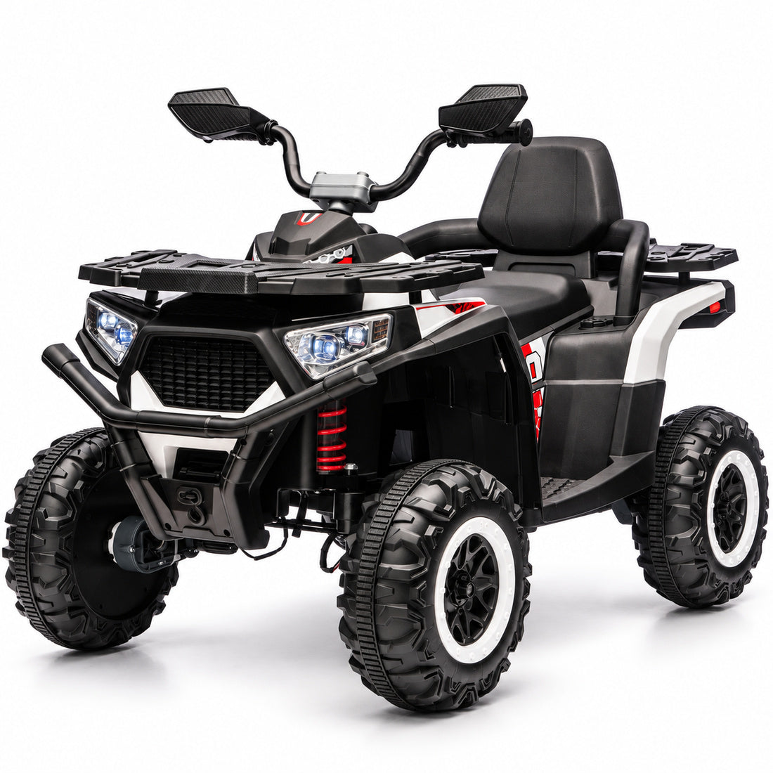 NEL007X ride-on ATV in Black – front three-quarter view