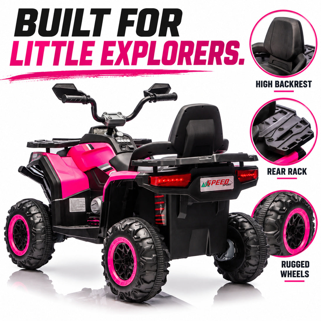 NEL007X ride-on ATV in Pink – rear three-quarter view with backrest, rear rack and wheels
