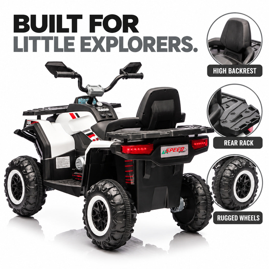 NEL007X ride-on ATV in Black – rear three-quarter view with backrest, rear rack and wheels