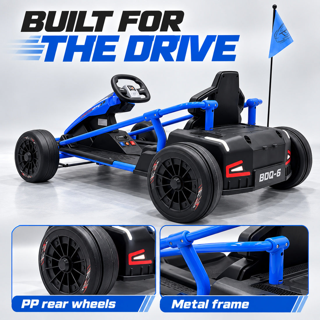 BDQ-6 go-kart in Blue – rear three-quarter view