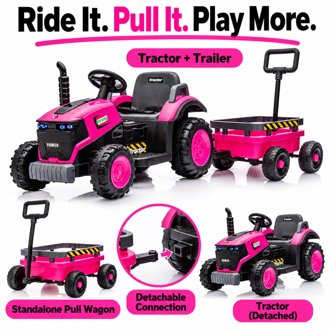 FB319 ride-on tractor in Rose – detachable trailer, two ways to use