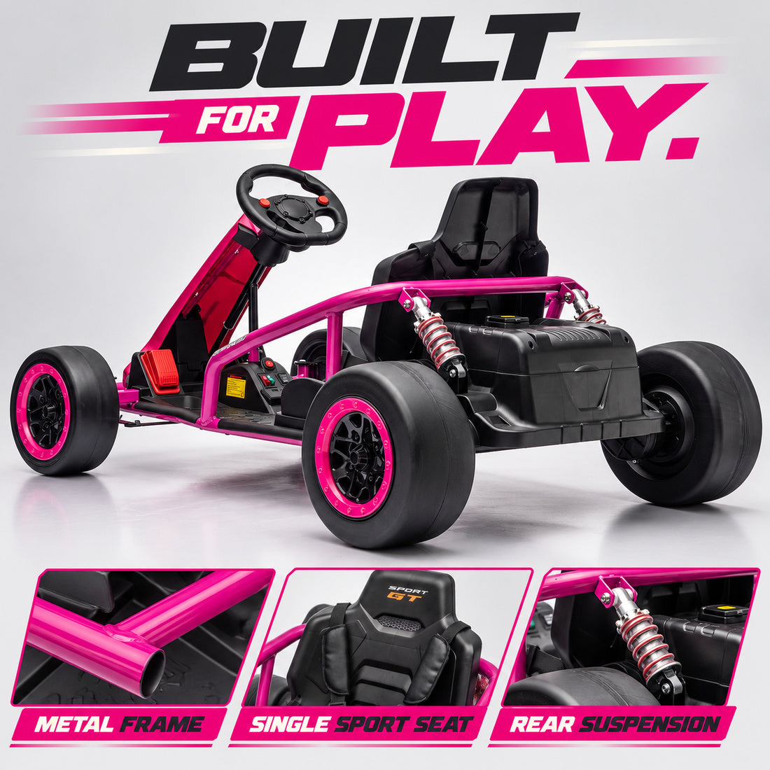 JC020 drift go-kart in Rose – rear three-quarter view