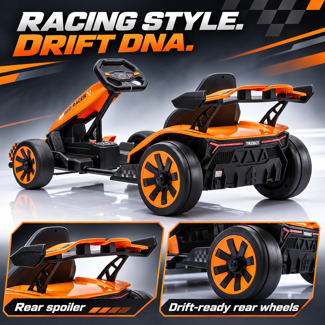 TR2601 drift go-kart in Orange – rear spoiler and drift-ready rear wheels