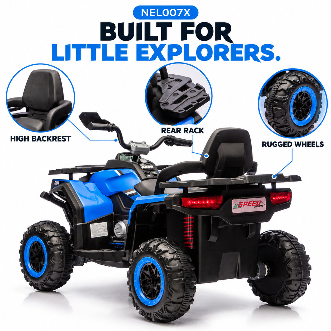 NEL007X ride-on ATV in Blue – rear three-quarter view with backrest, rear rack and wheels