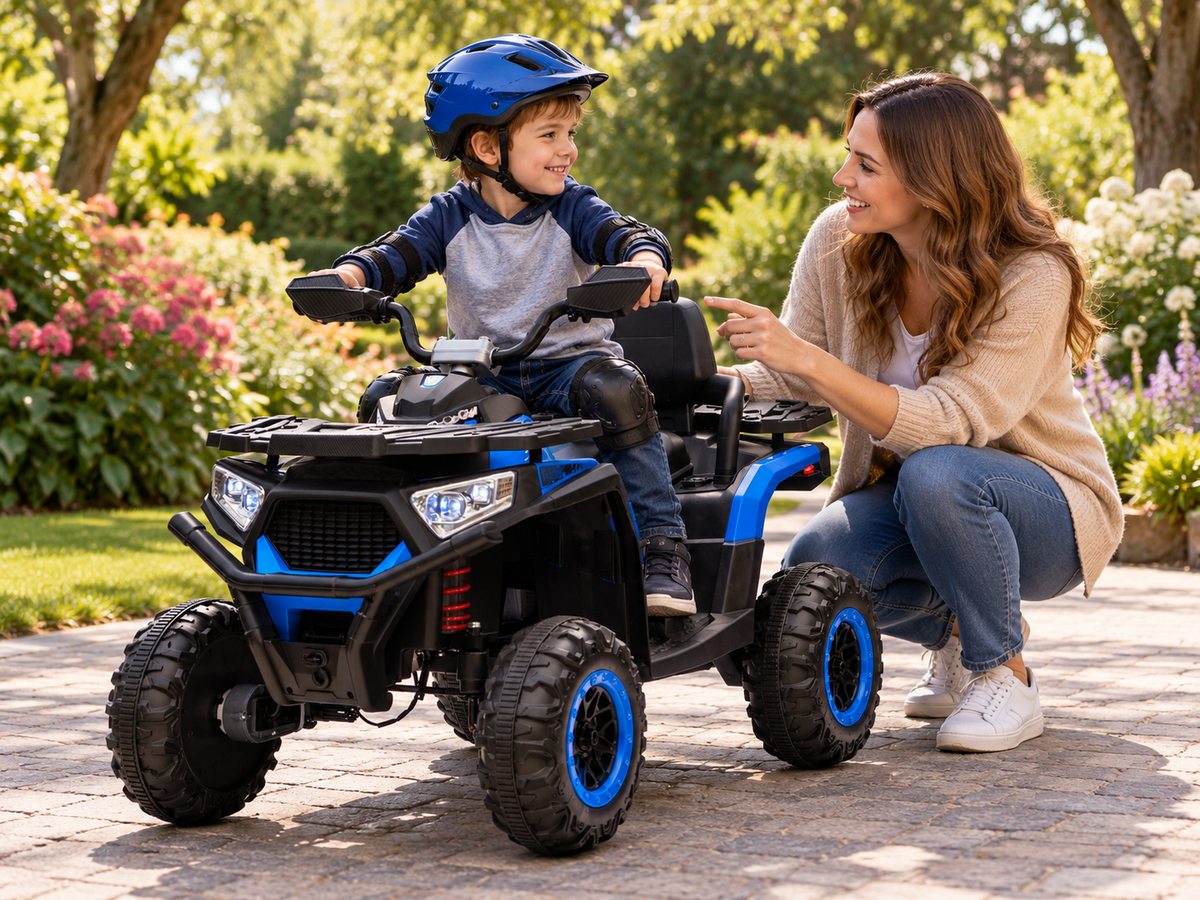 Mom crouching beside her daughter on a blue ATV