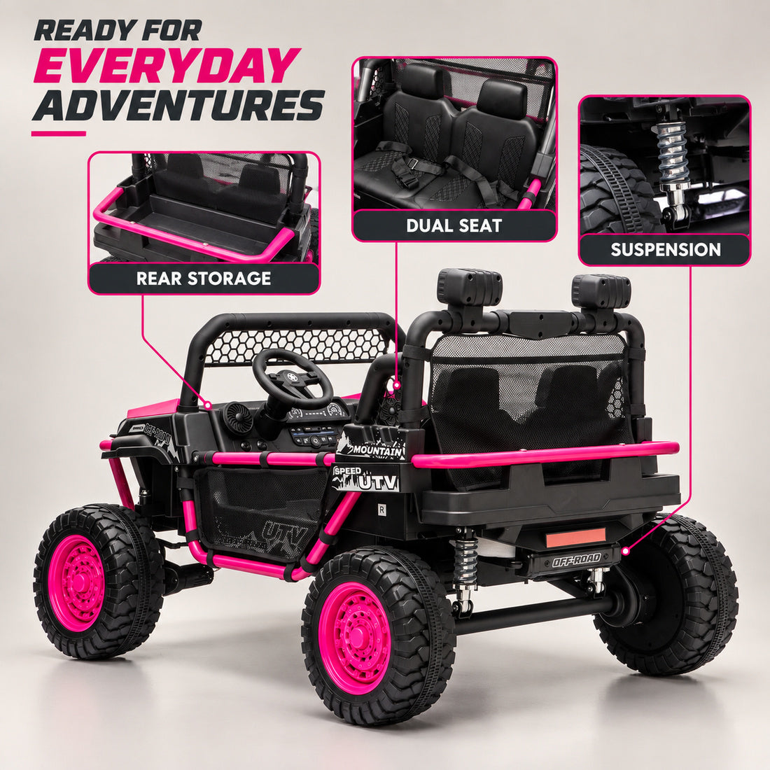 BDQ1218 ride-on UTV in Rose – rear three-quarter view with storage, seats and suspension