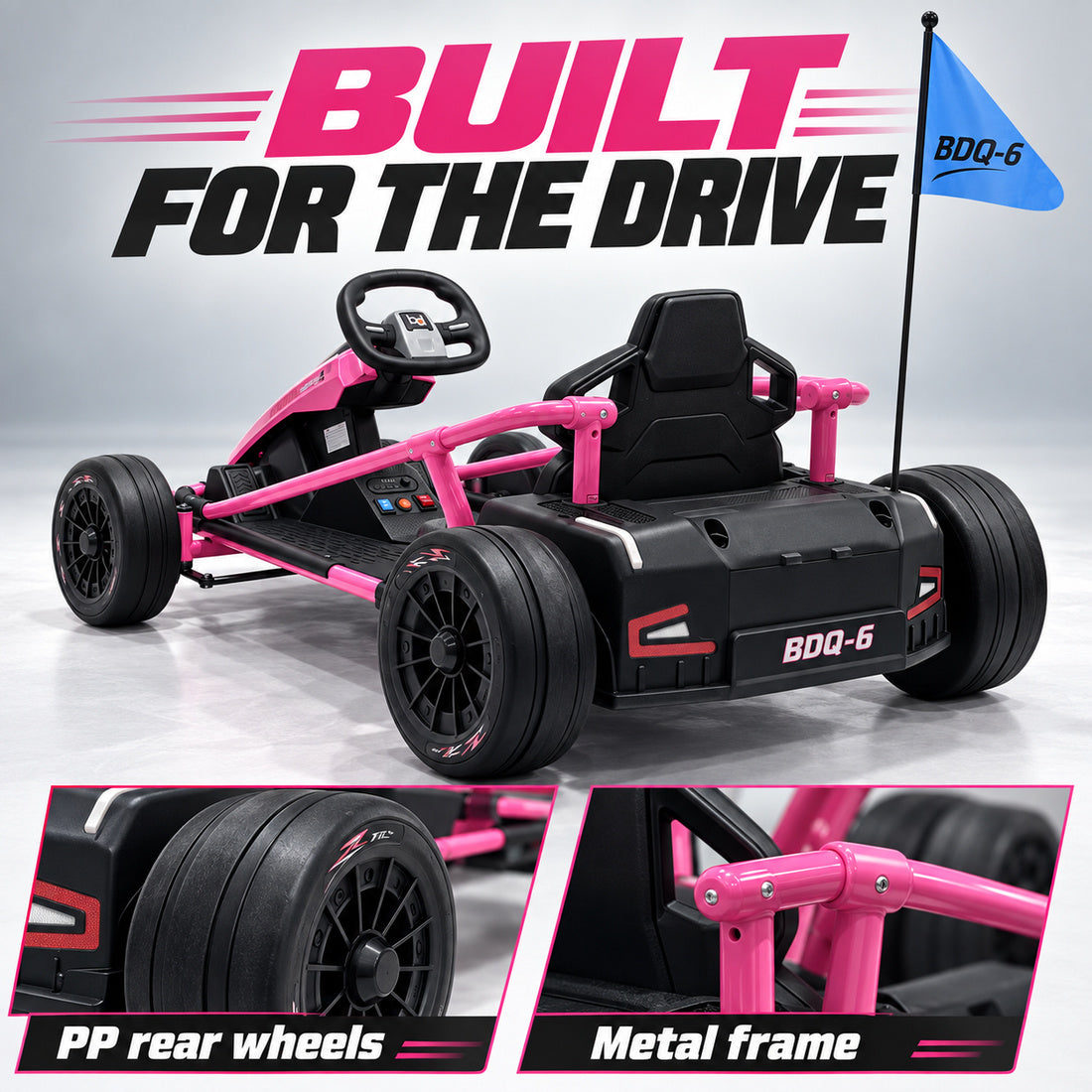 BDQ-6 go-kart in Rose – rear three-quarter view