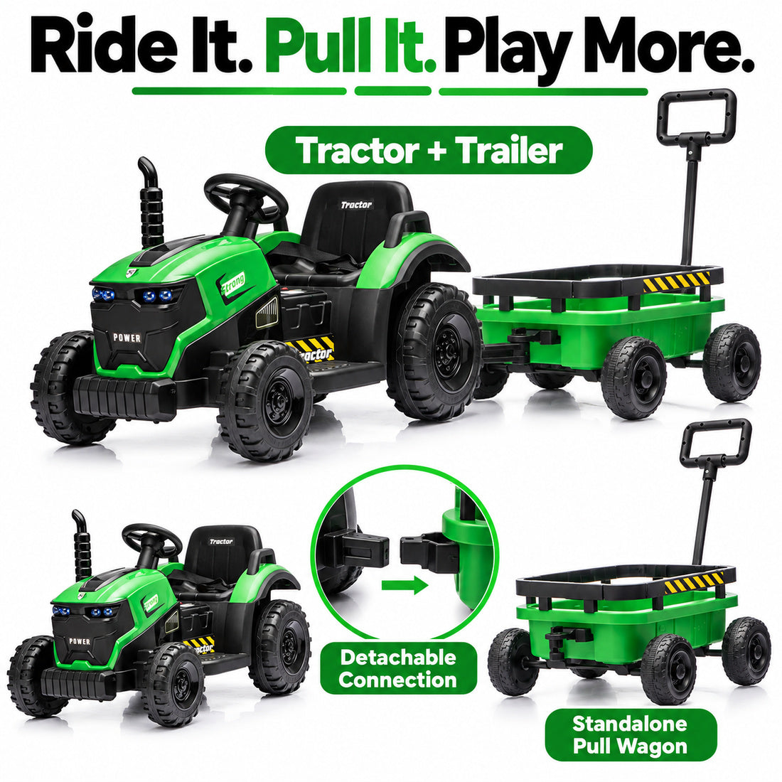 FB319 ride-on tractor in Green – detachable trailer, two ways to use