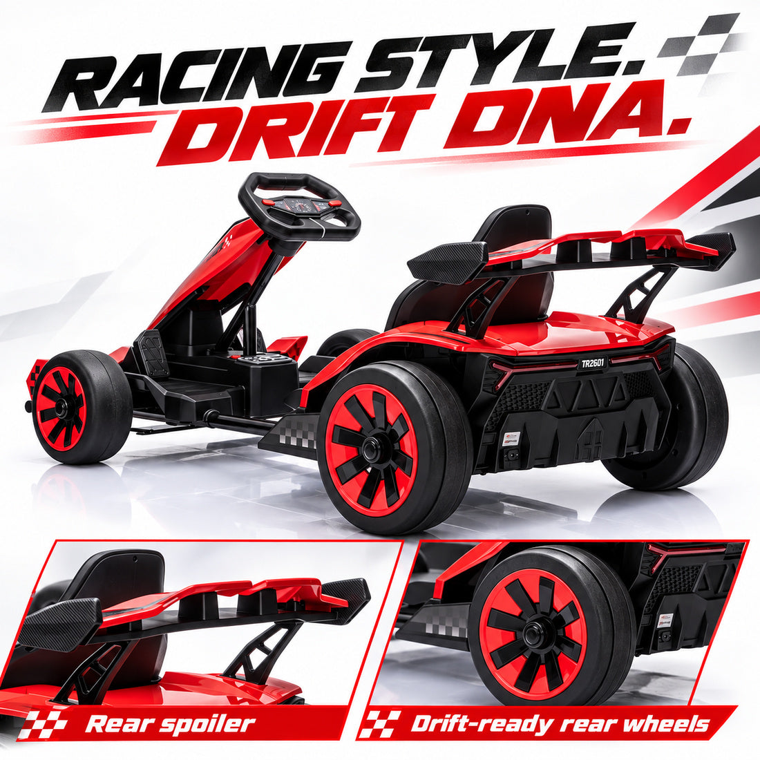 TR2601 drift go-kart in Red – rear spoiler and drift-ready rear wheels