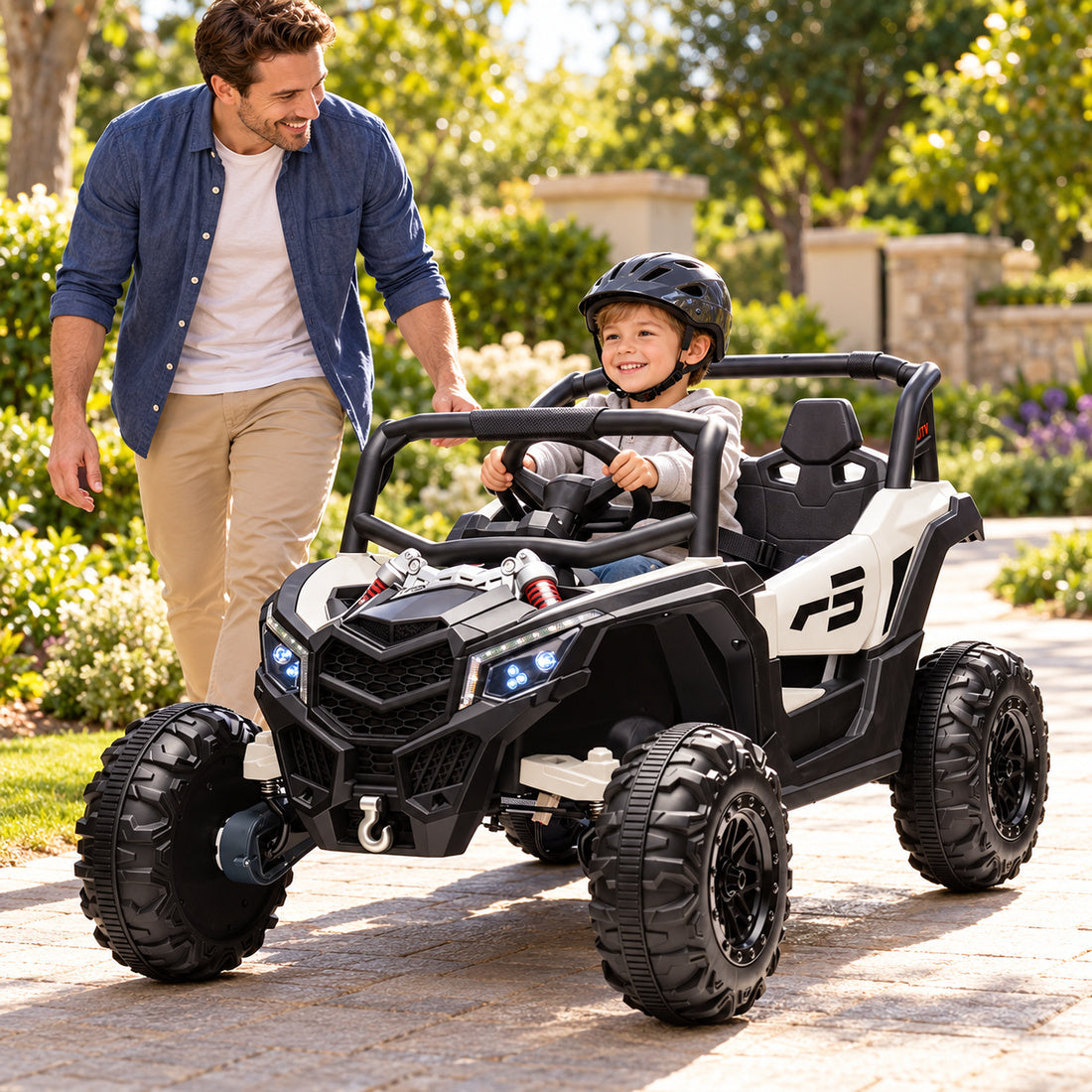NEL-901A ride-on UTV in Grey White – parent and child together outdoors