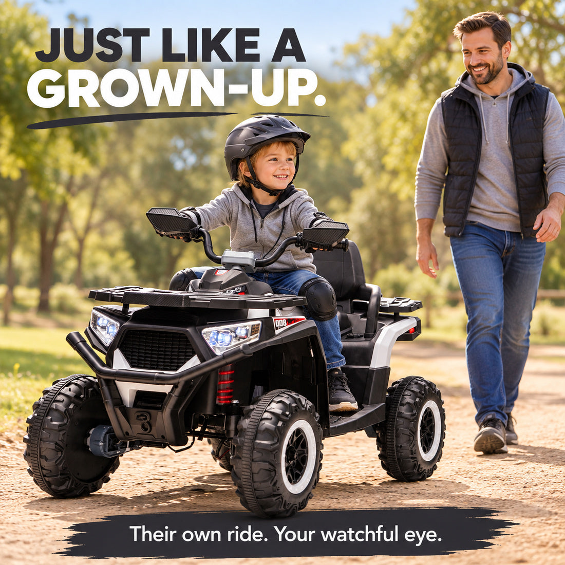 NEL007X ride-on ATV in Black – child riding outdoors with a parent