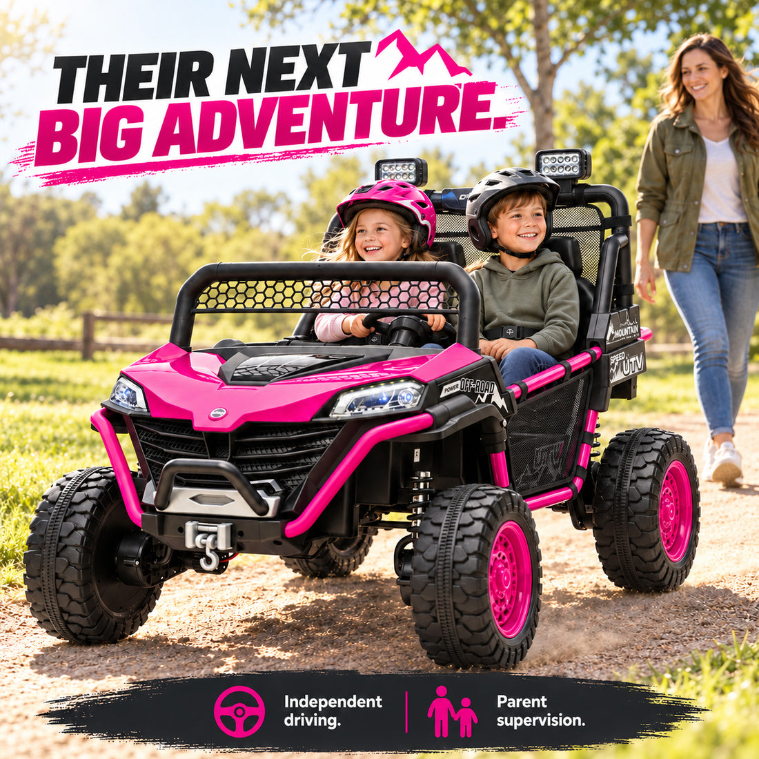 BDQ1218 ride-on UTV in Rose – two children riding outdoors with a parent