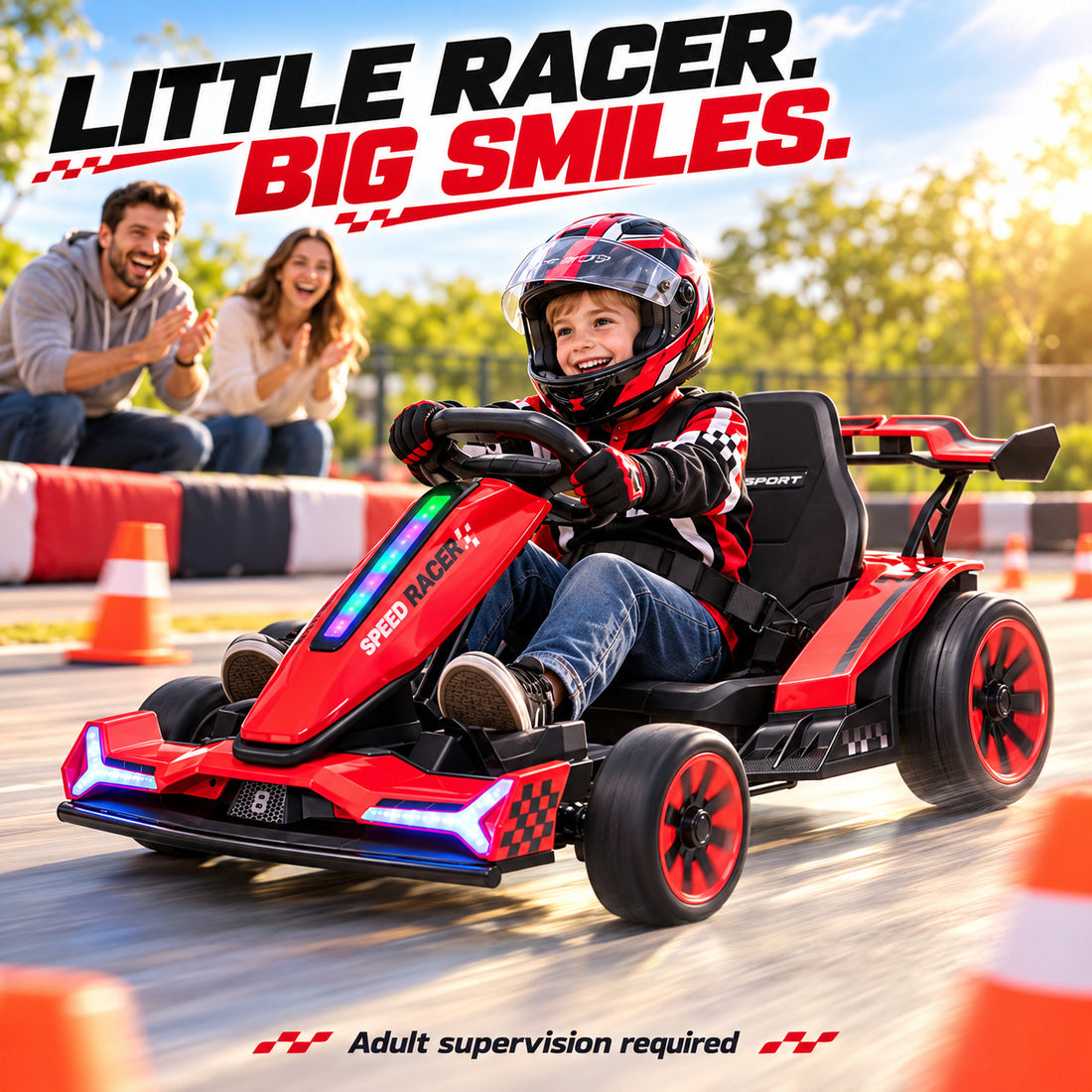 TR2601 drift go-kart in Red – child in a helmet weaves through cones while parents cheer