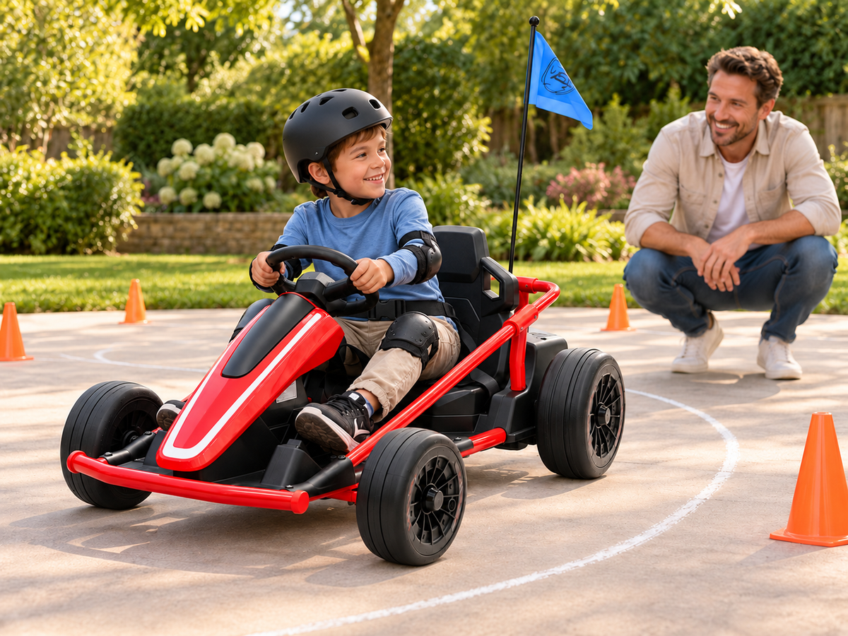 Dad watching his son in an orange go-kart