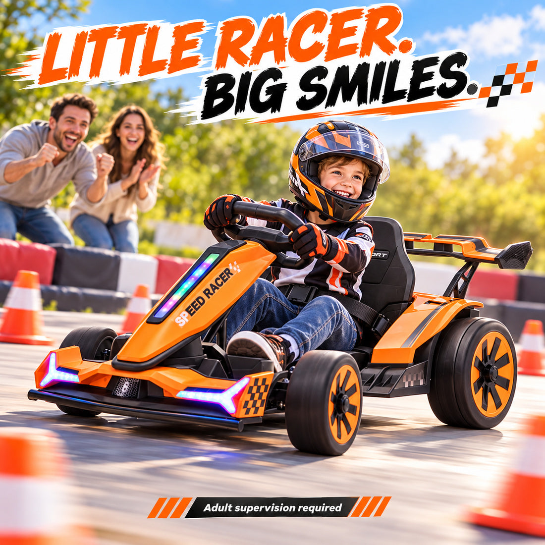 TR2601 drift go-kart in Orange – child in a helmet weaves through cones while parents cheer