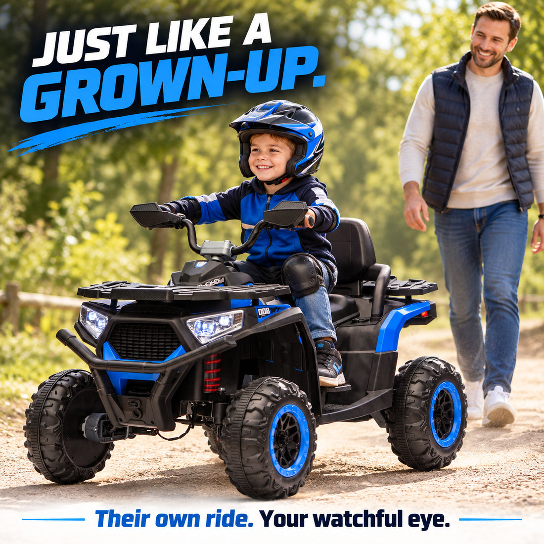 NEL007X ride-on ATV in Blue – child riding outdoors with a parent