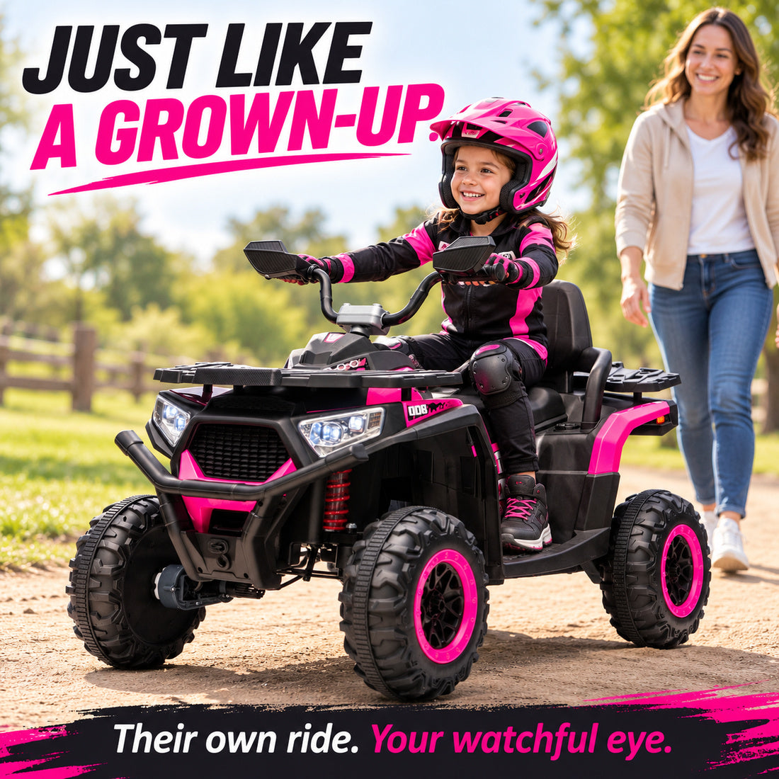 NEL007X ride-on ATV in Pink – child riding outdoors with a parent