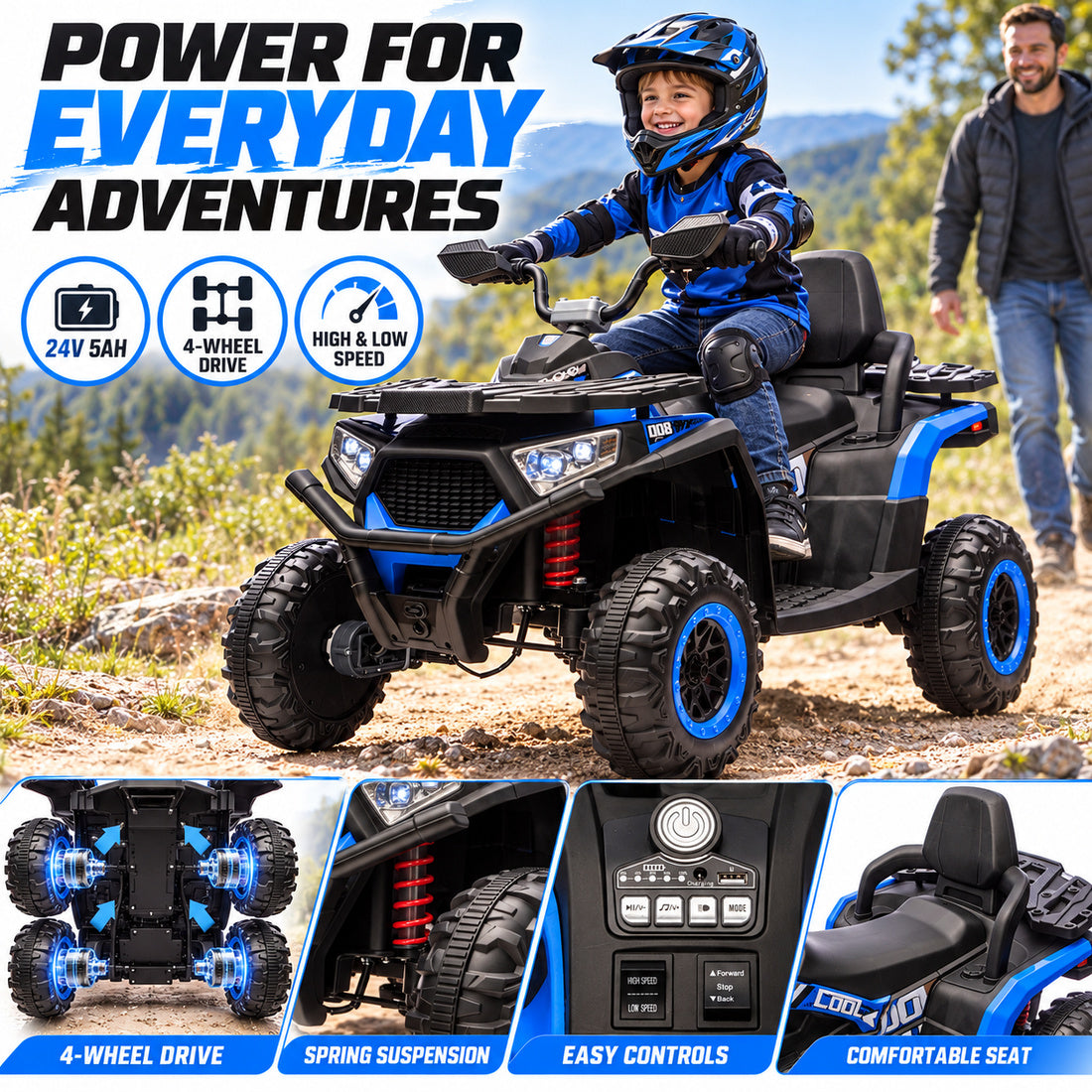 NEL007X ride-on ATV in Blue – battery, motors, suspension and control features