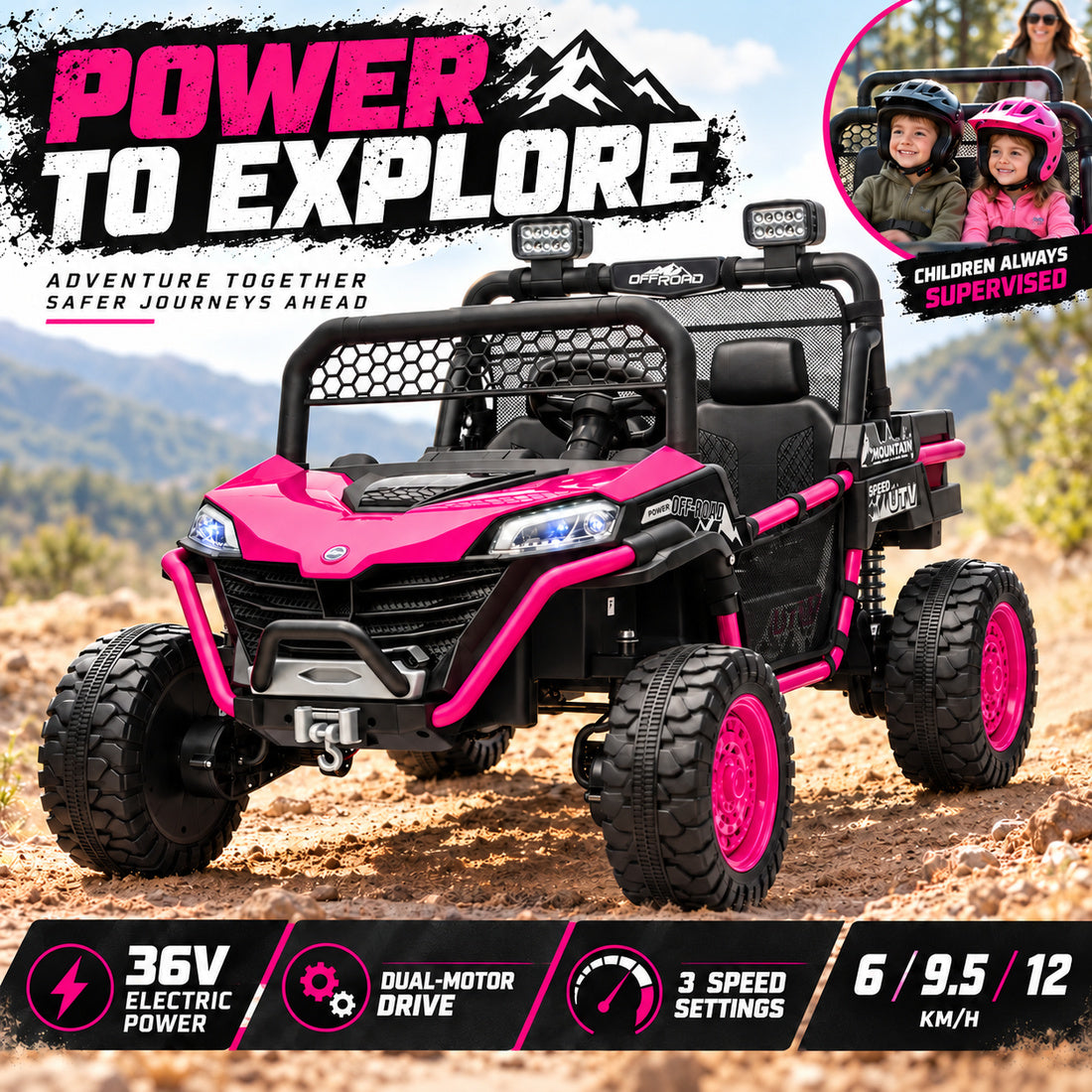 BDQ1218 ride-on UTV in Rose – 36V power, dual motors and speed settings