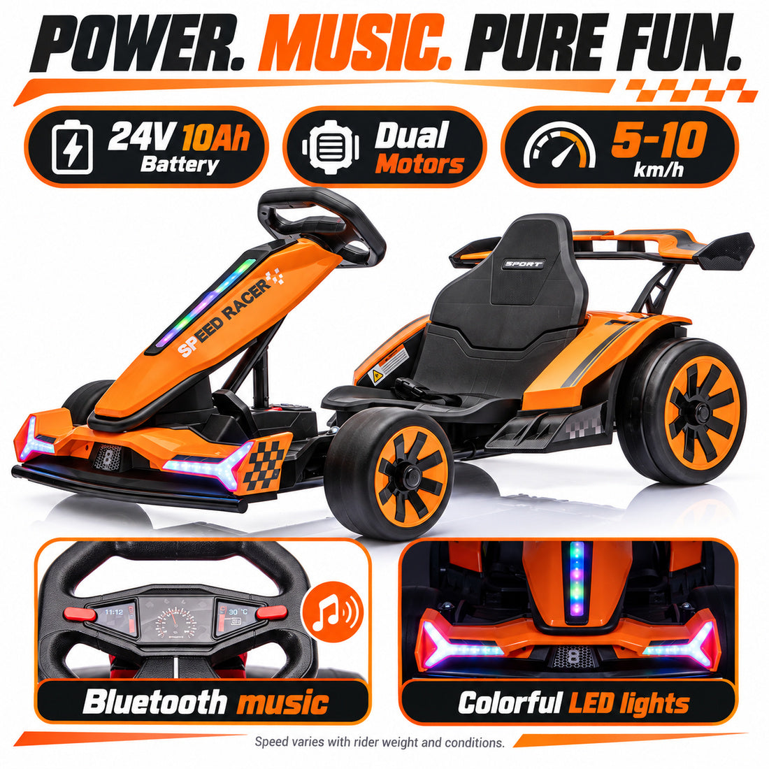 TR2601 drift go-kart in Orange – 24V 10Ah battery, dual motors, Bluetooth music and LED lights