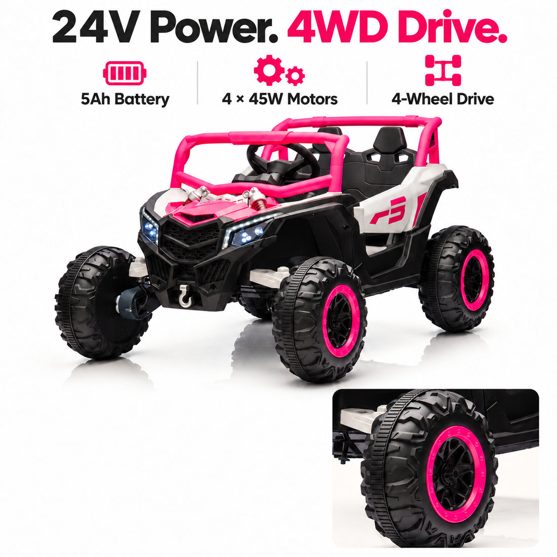 NEL-901A ride-on UTV in Pink – 24V battery and four-wheel drive features