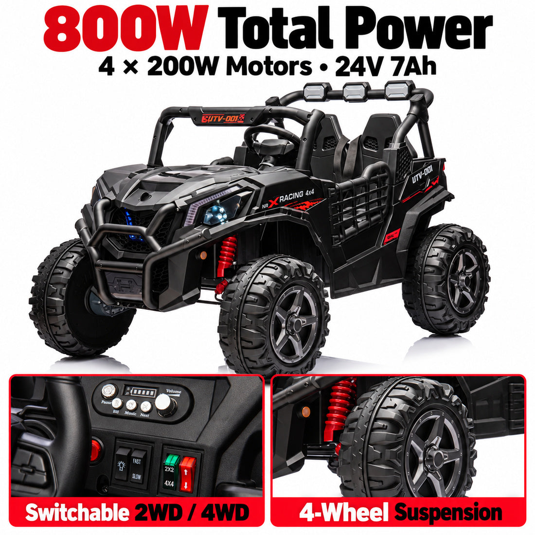 BBH027 ride-on UTV in Black – 800W motors and drive modes
