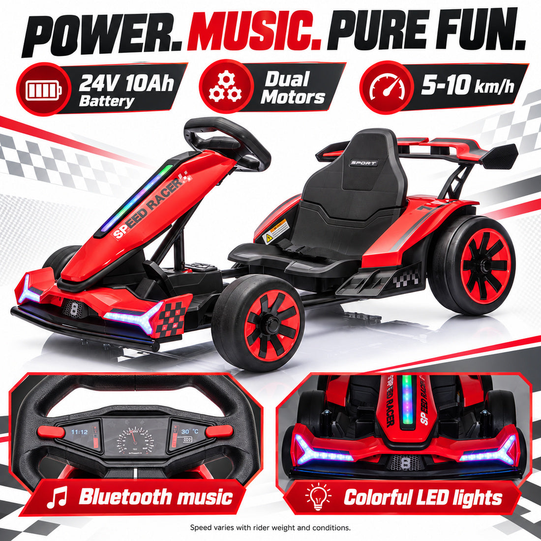 TR2601 drift go-kart in Red – 24V 10Ah battery, dual motors, Bluetooth music and LED lights