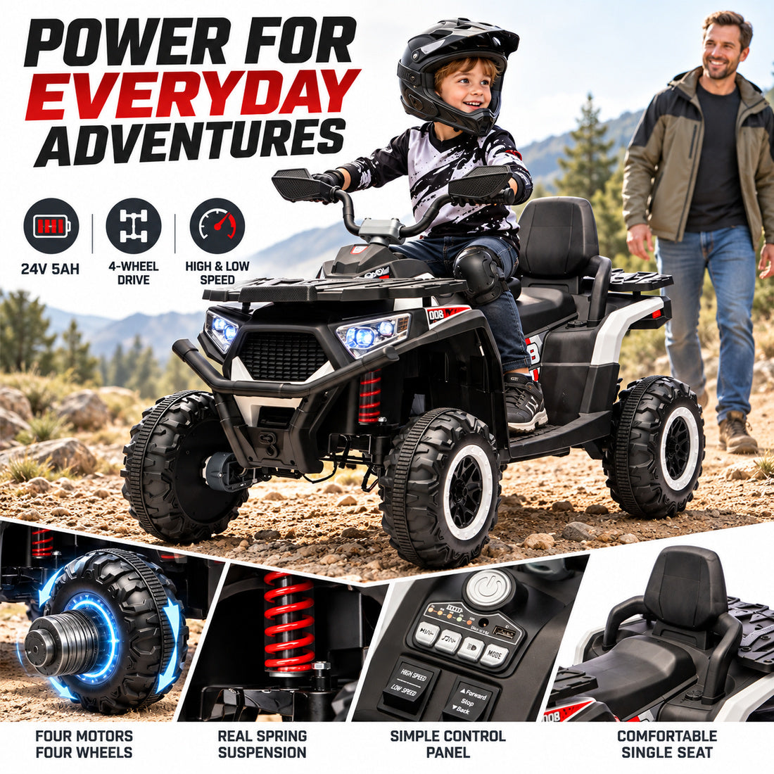 NEL007X ride-on ATV in Black – battery, motors, suspension and control features